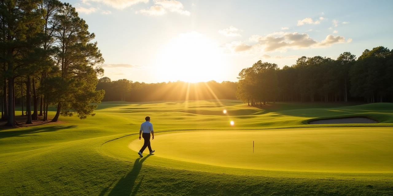 Un giocatore di golf cammina sereno sul fairway al tramonto