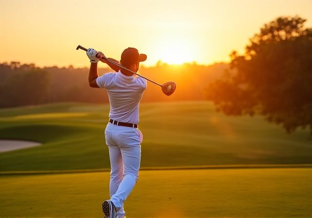 Giocatore di golf che esegue uno swing perfetto al tramonto