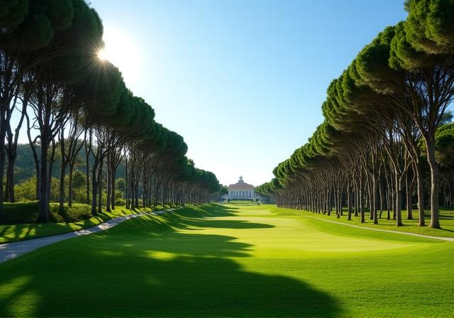 Panorama rilassante del campo da golf con alberi secolari