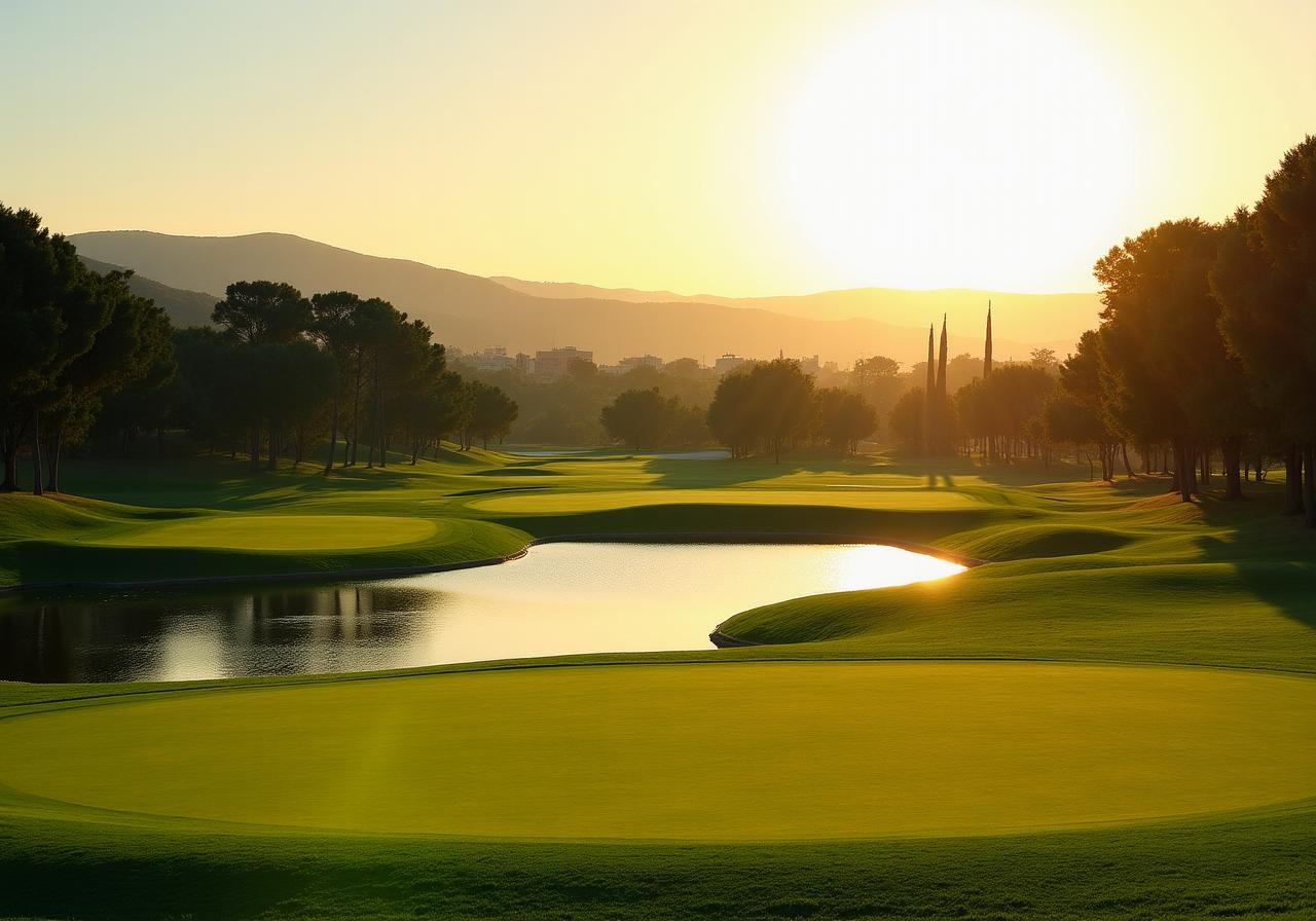Vista panoramica del campo da golf Canopy Links con ostacolo d'acqua al tramonto